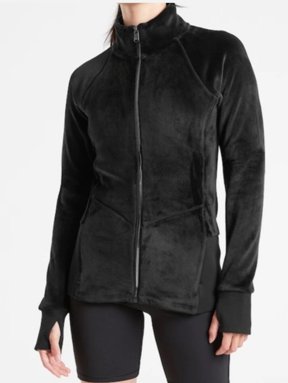 Athleta Cloud Soft Fleece Velour Black Full Zip Mock Neck Jacket Size S Athletic